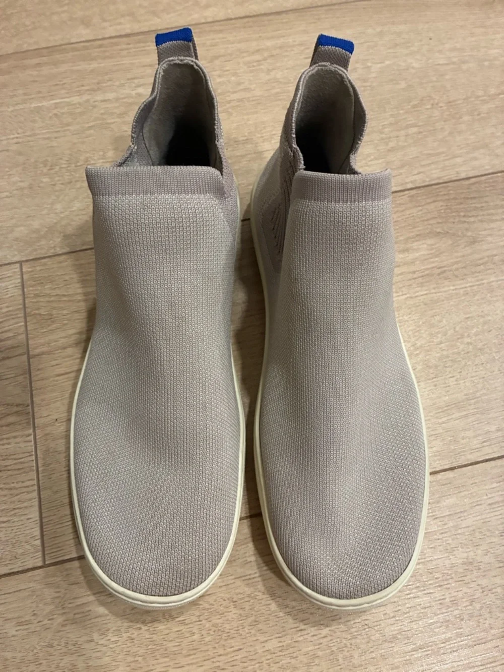Rothy's Slip-On Sneakers in Light Taupe with Blue Pull Tab